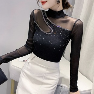 T恤性感内搭气质上衣网纱小衫 蕾丝打底衫 女秋冬欧货洋气烫钻长袖