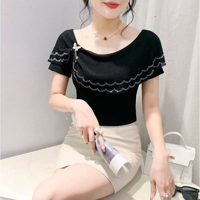 2024夏季新款T恤女网纱荷叶边烫钻短袖时尚气质上衣修身百搭小衫