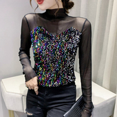 女春装 新款 欧货重工亮片网纱上衣显瘦性感小衫 半高领打底衫 长袖
