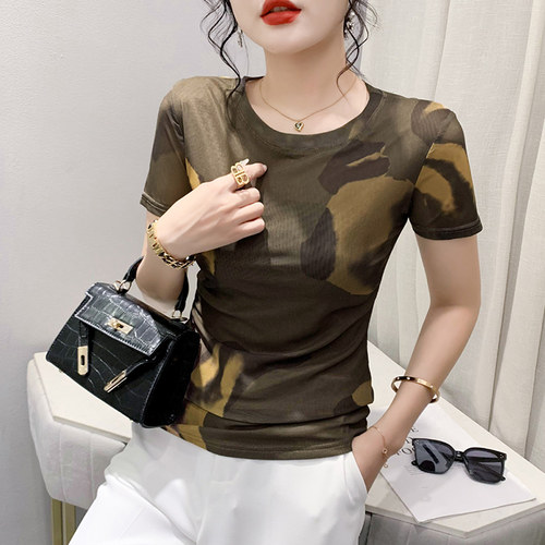 短袖通勤常规印花欧货网纱圆领