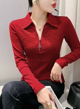 红色POLO领上衣ins性感拉链拼接烫钻T恤女长袖洋气修身显瘦打底衫