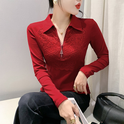 长袖通勤常规拼接红色POL领上