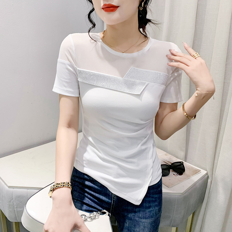短袖通勤常规不对性感网纱拼接