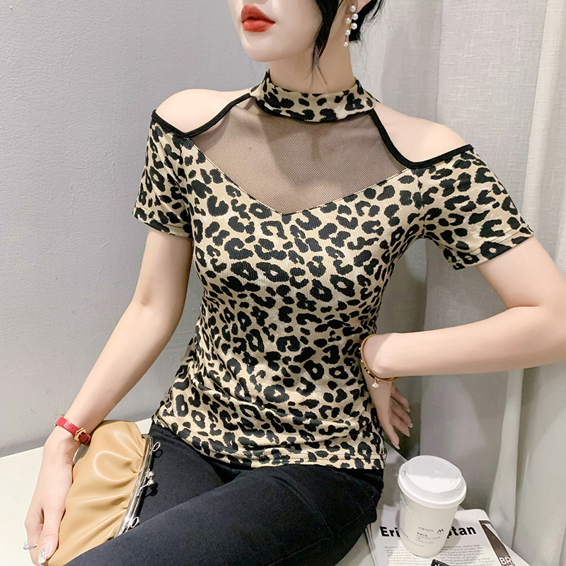 网纱拼接性感露肩T恤女短袖夏装欧货时尚豹纹上衣洋气显瘦小衫潮