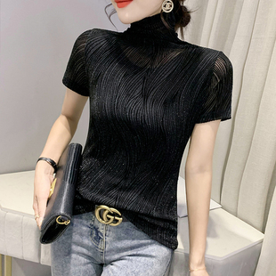 半高领上衣ins 性感网纱短袖 T恤女2024新款 气质内搭洋气打底衫 修身