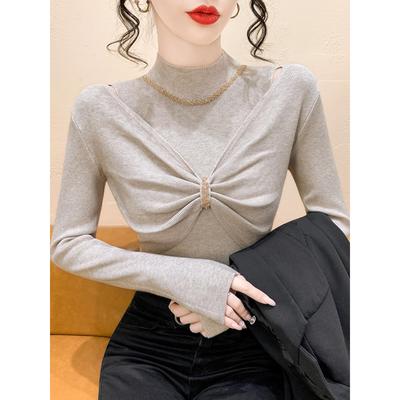 法式镂空半高领拼接长袖针织衫女早秋气质显瘦修身内搭打底衫上衣