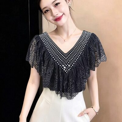 2026年夏季新款女装V领蕾丝花边拼接无袖上衣荷叶边烫钻透气小衫