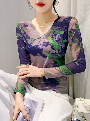 时尚肌肤网纱V龄打底衫女长袖2024春装修身洋气印花t恤百搭上衣潮