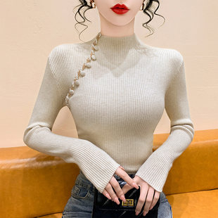 修身 爆款 内搭上衣毛衣 女秋冬2025新款 不规则钉珠半高领针织打底衫