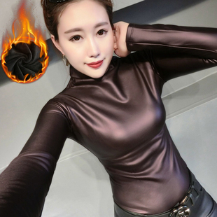 女显瘦弹力加绒皮百搭长袖 2024新款 高领打底衫 女装 t恤潮 秋冬大码