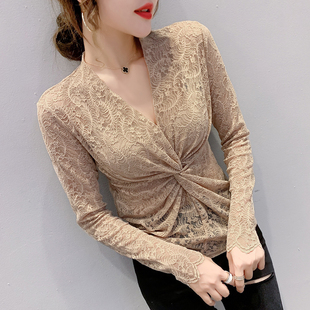设计感紧身洋气小衫 秋装 内搭性感V领蕾丝上衣潮 女长袖 蕾丝打底衫