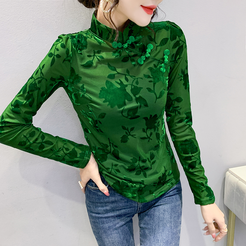 欧货打底衫女2024春装新款复古盘扣网纱上衣性感内搭气质长袖T恤