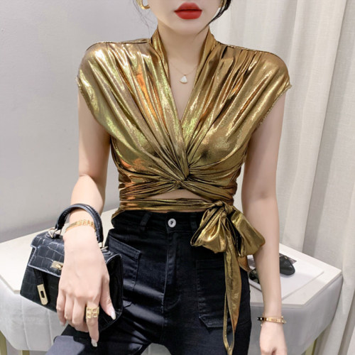 短袖通勤常规拼接欧货性感交叉