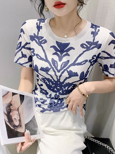 夏季设计感青花瓷印花网纱短袖t恤女修身显瘦上衣时尚半袖小衫潮