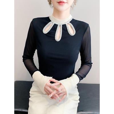 洋气别致钉珠打底衫女秋装性感镂空网纱长袖t恤高级感百搭上衣潮