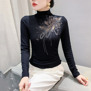 半高领内搭T恤修身 2024秋冬新款 网纱上衣潮 女长袖 重工烫钻打底衫