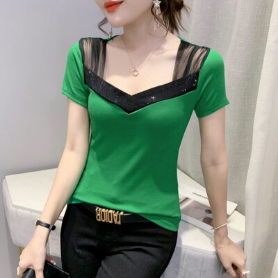 0T恤网纱拼接烫钻V领性感修身