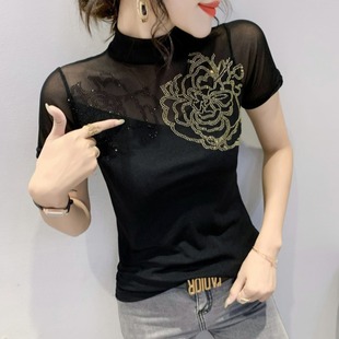 T恤女夏洋气网纱上衣半高领打底衫 女装 烫钻短袖 2024新款 女 潮时尚