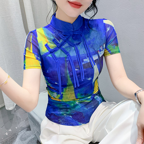新中式洋气复古印花立领T恤女蕾丝短袖夏季新款修身盘扣网纱上衣