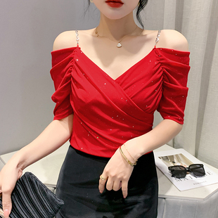 T恤女2024夏季 修身 新款 时尚 吊带上衣 气质网纱小衫 性感一字领短袖