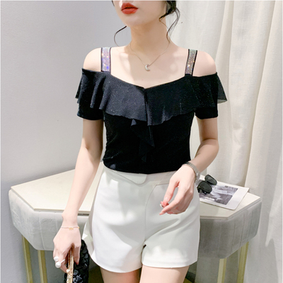 性感露肩烫钻一字领网纱短袖荷叶边夏季T恤女修身显瘦上衣ins小衫