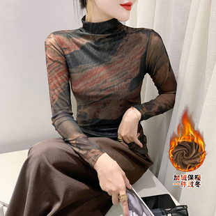 高领网纱打底衫 女秋冬欧货复古印花网纱T恤长袖 加绒上衣洋气小衫