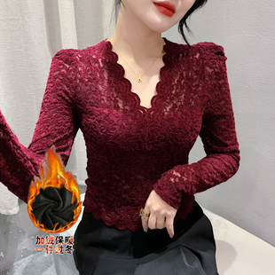 长袖 V领蕾丝打底衫 显瘦内搭短款 女秋冬新款 上衣 加绒加厚镂空修身
