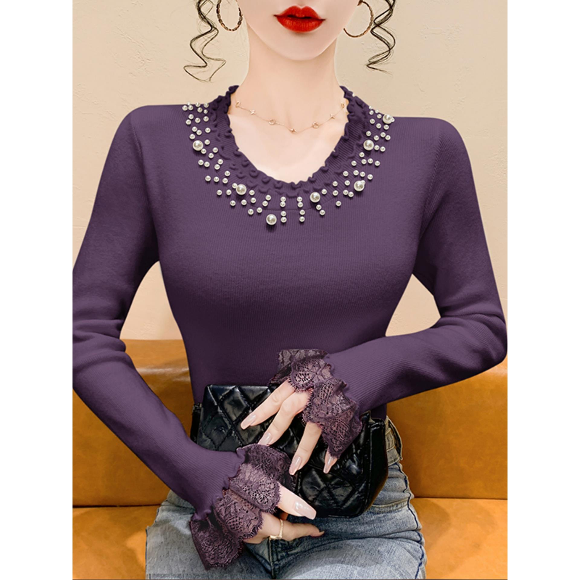 气质蕾丝拼接针织衫女长袖秋冬设计感钉珠上衣洋气内搭毛衣打底衫