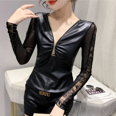 秋冬2024新款拉链V领T恤女长袖性感网纱打底衫洋气PU拼接上衣