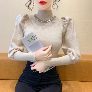 针织衫 2024洋气半高领修身 上衣 钉钻打底毛衣女秋冬新款 气质泡泡袖