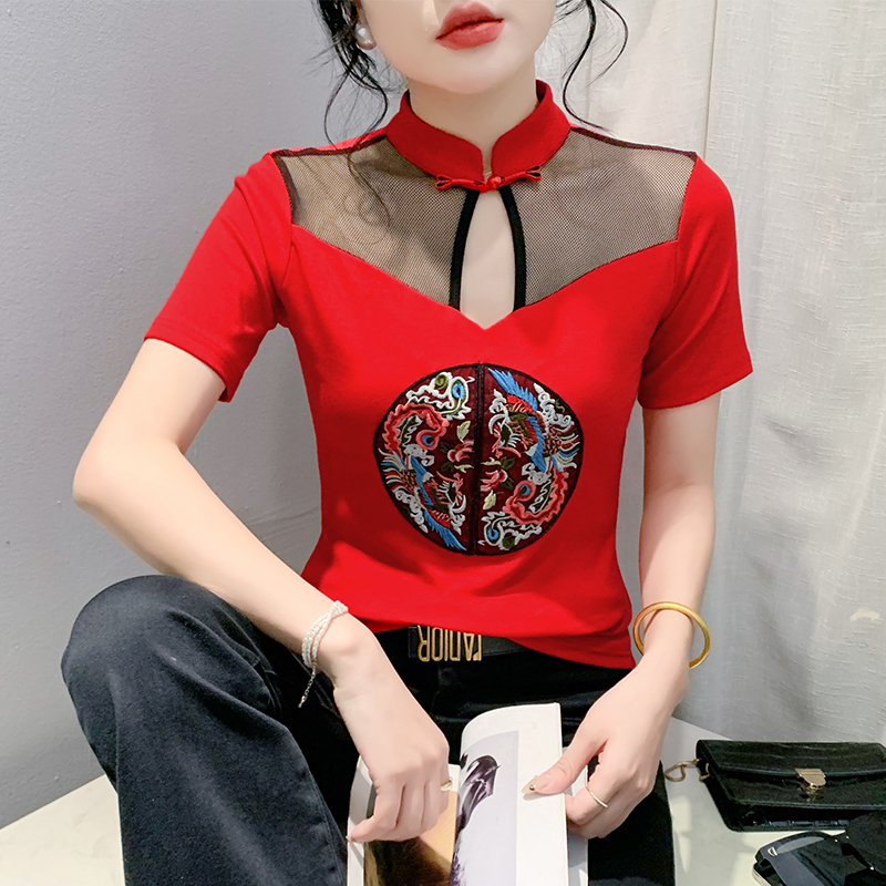 新中式国风盘扣上衣女夏性感镂空网纱拼接小衫修身刺绣短袖t恤潮