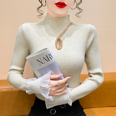 欧货半高领镂空钉钻打底针织衫女秋冬高级感气质修身显瘦毛衣上衣