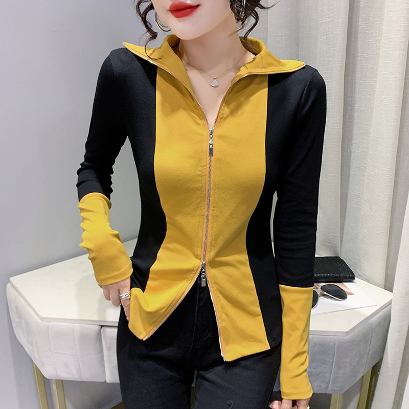 欧货个性撞色T恤女长袖春装设计感双拉链上衣洋气修身百搭打底衫