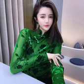 国风立领盘扣网纱打底衫 女2024秋冬新款 透视性感名媛洋气T恤上衣