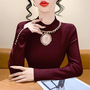半高领镂空钉珠针织打底衫 上衣 女秋冬2025独特超好看毛衣内搭长袖