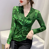 2024新款 潮性感V领T恤蕾丝网纱上衣秋装 洋气紧身打底衫 女装 女长袖