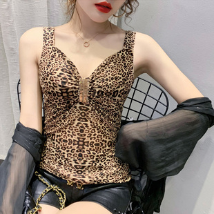 显瘦重工烫钻打底衫 修身 新款 性感豹纹亮钻网纱吊带背心女2024夏季