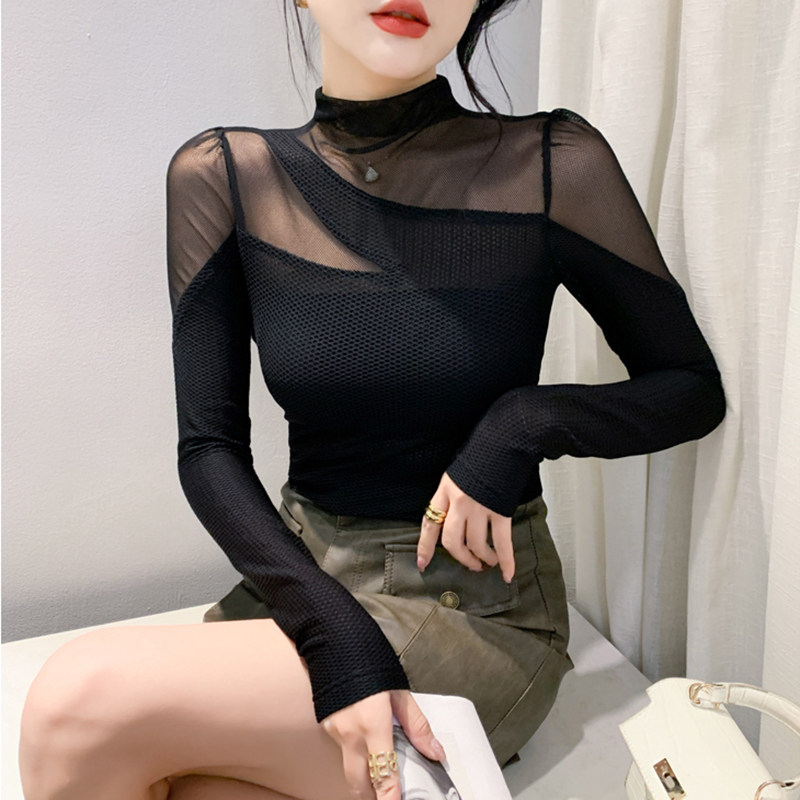 半高领打底衫女长袖秋装欧货性感透视网纱上衣洋气紧身内搭T恤潮