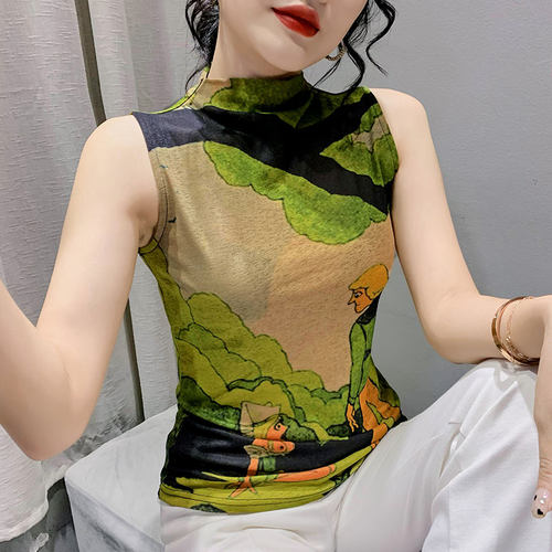 半高领无袖女上衣中年洋气印花