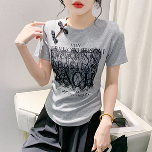 欧货蕾丝拼接T恤女短袖 设计感国风盘扣纯棉上衣收腰半袖 小衫 夏装