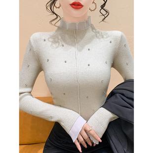 打底衫 气质烫钻半高领拼接针织衫 长袖 内搭修身 毛衣上衣 女秋冬新款