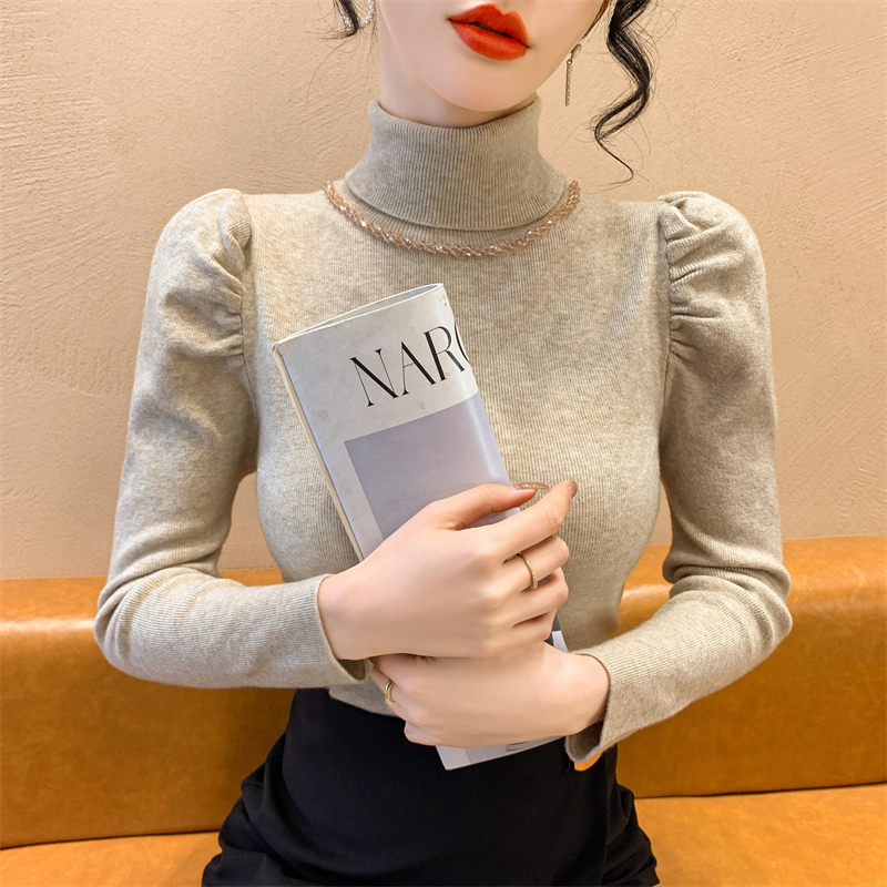 秋冬新款2024年高领泡泡袖毛衣针织衫女修身显瘦打底衫内搭上衣潮