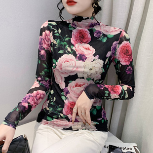 修身 时尚 长袖 洋气半高领打底衫 显瘦上衣 印花网纱T恤女秋冬妈妈装