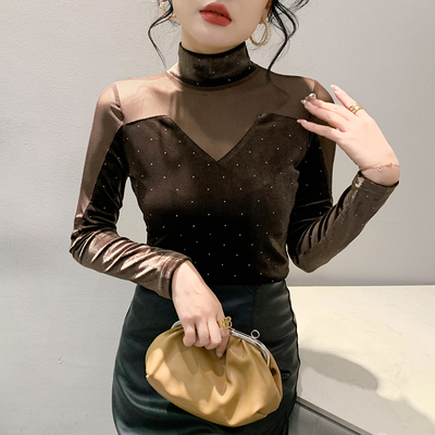 气质金丝绒钉珠上衣女秋冬性感透视网纱长袖t恤显瘦高领打底小衫