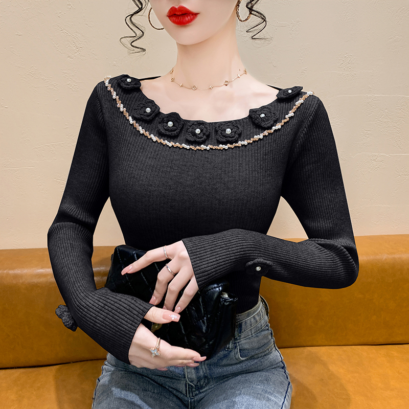 法式甜美钉珠花朵一字肩针织衫女秋冬高级感修身显瘦打底毛衣上衣