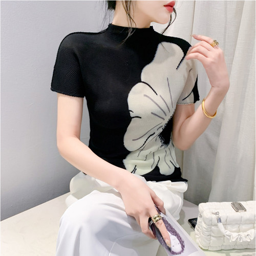 设计感时尚网纱印花短袖打底衫半高领欧货女装上衣女修身显瘦T恤