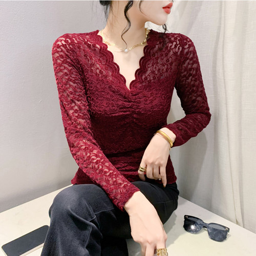 时尚性感拼接镂空V领蕾丝洋派减龄上衣女褶皱微透长袖修身显瘦潮