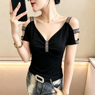 性感露肩V领短袖T恤女夏季时尚重工烫钻上衣修身显瘦气质百搭小衫