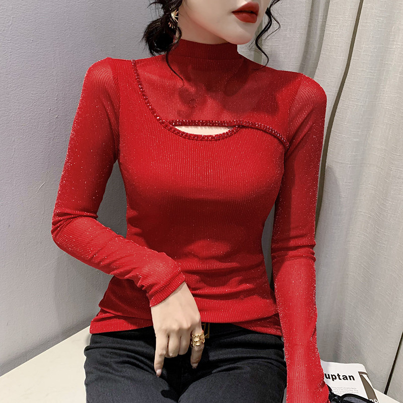 2024秋冬新款高领打底衫女长袖时尚钉珠上衣修身性感网纱t恤小衫