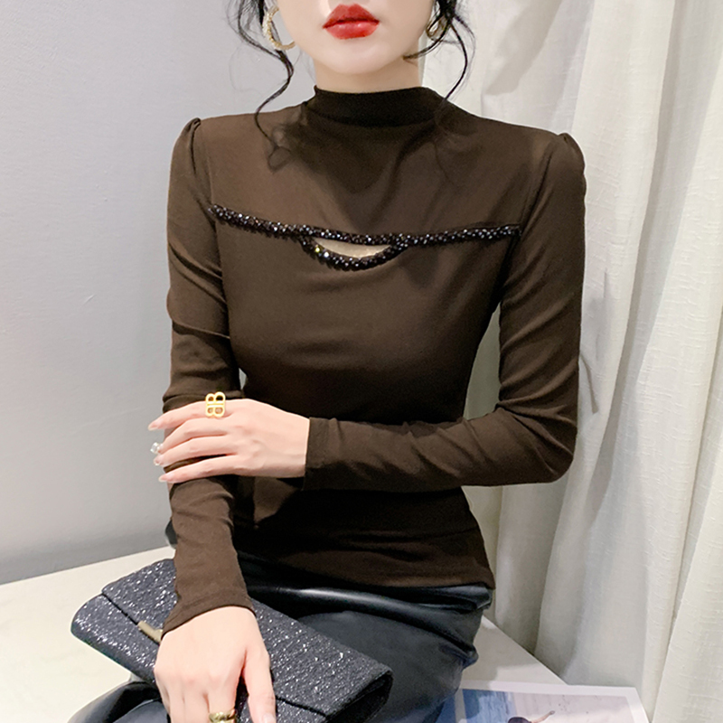 性感镂空T恤女长袖春秋重工钉珠内搭上衣紧身半高领网纱打底小衫